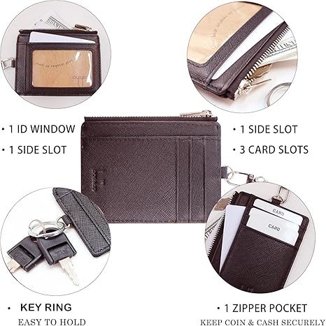Boshiho Saffiano Leather Credit Card Holder Coin Change Purse with Key Ring Keychain