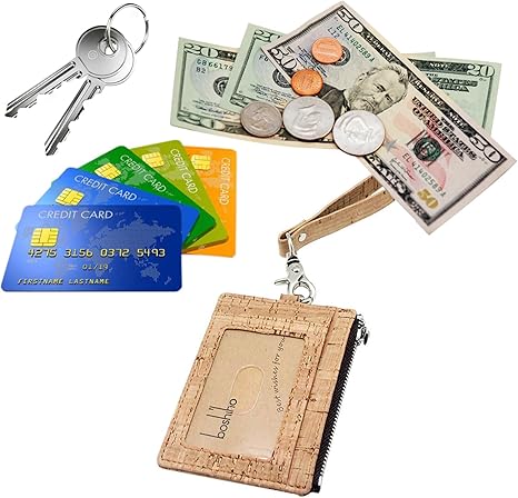 Cork Badge Holder with Zipper, Eco-Friendly Cork ID Credit Card Holder Wallet with Neck Lanyard Strap for Offices ID, School ID, Driver Licence