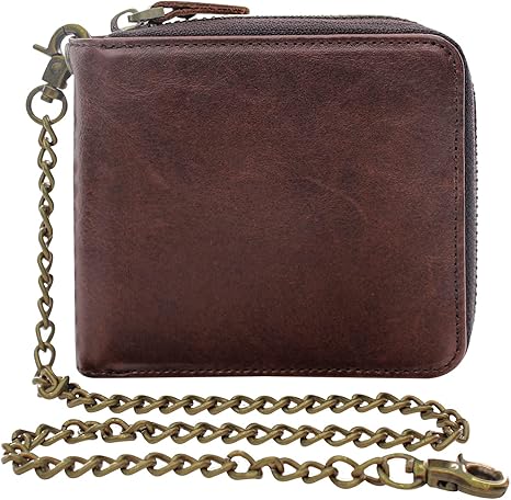 boshiho Real Leather RFID Blocking Bifold Wallets for Men Double Zipper Coin Pocket Purse with Anti-Theft Chain