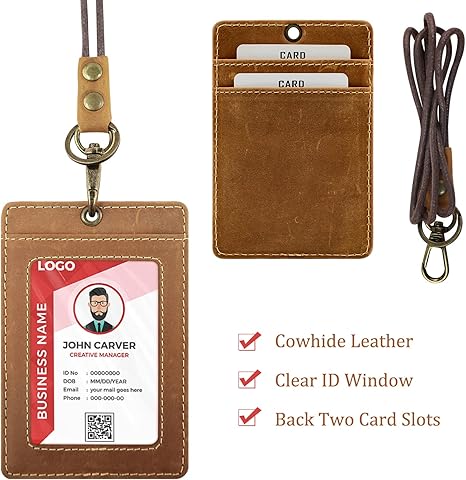 Office Badge Holder - Boshiho Genuine Leather Credit ID Card Holder with Neck Lanyard Pen Clip Vertical Style