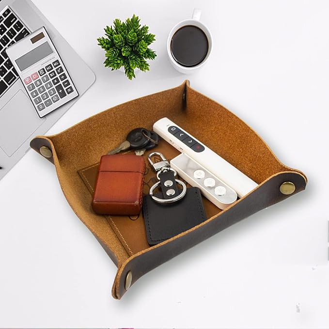 boshiho Valet Tray for Men, Leather Jewelry Catchall Key Phone Coin Box Change Caddy Bedside Storage Box