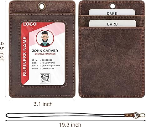 Boshiho Vertical Style Cowhide Leather ID Card Badge Holder with Heavy Duty Lanyard
