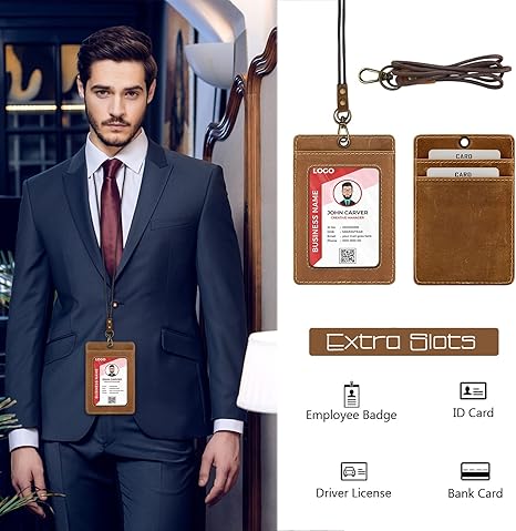 Office Badge Holder - Boshiho Genuine Leather Credit ID Card Holder with Neck Lanyard Pen Clip Vertical Style