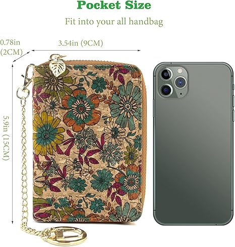 boshiho Vegan Cork Wallet with Keychain, Women’s Purse Slim Zipper Wallet with Card Holder Coin Pocket Eco-friendly Vegan Gift