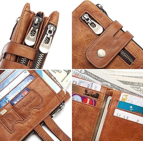 boshiho Real Leather RFID Blocking Bifold Wallets for Men Double Zipper Coin Pocket Purse with Anti-Theft Chain