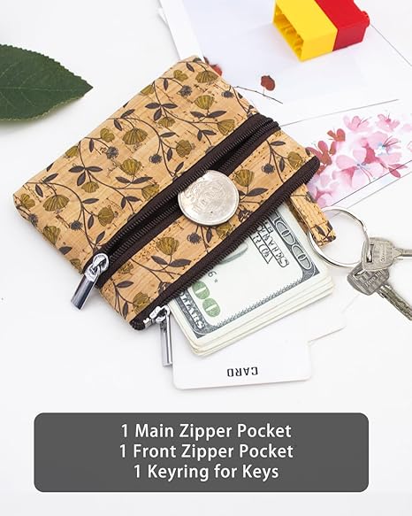 Eco-friendly Cork Coin Purse, Mini Pouch Card Change Vegan Wallet w Key Ring