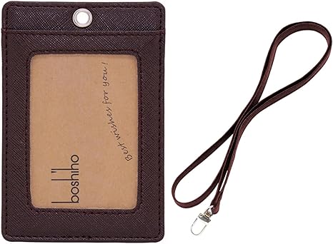 Boshiho Vertical Style Leather ID Card Badge Holder with Heavy Duty Lanyard