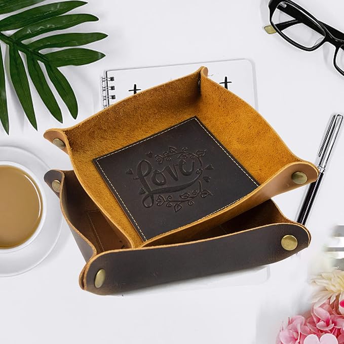 boshiho Valet Tray for Men, Leather Jewelry Catchall Key Phone Coin Box Change Caddy Bedside Storage Box