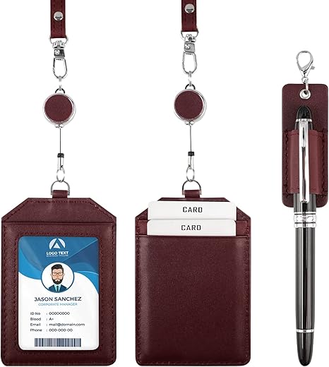 Office Badge Holder - Boshiho Genuine Leather Credit ID Card Holder with Stretch Neck Lanyard Vertical Style