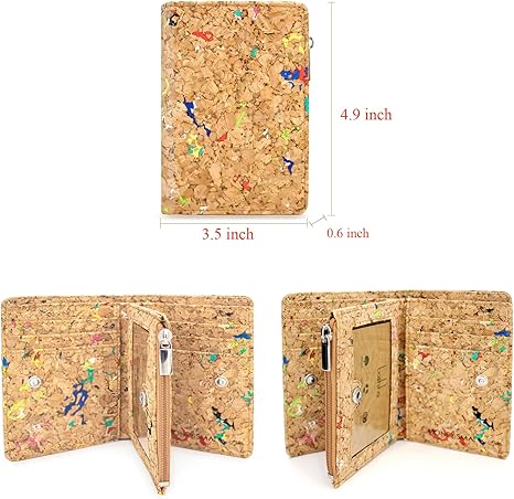 boshiho Eco Cork Friendly RFID Blocking Wallet Bi-fold Card Holder Vertical Wallet With Zippered Coin Purse & ID Window