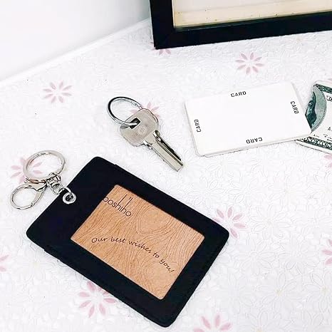Boshiho Vertical Style Leather ID Card Badge Holder with Keychain Key Ring