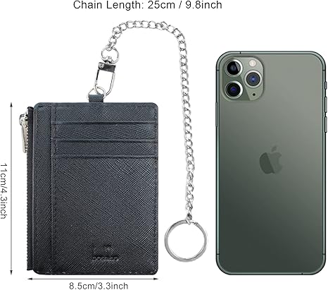 boshiho Saffiano Leather Credit Card Holder Coin Change Purse with Anti-Theft Chain