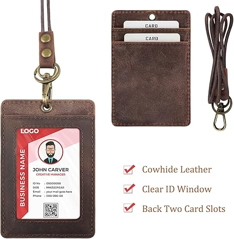 Boshiho Vertical Style Cowhide Leather ID Card Badge Holder with Heavy Duty Lanyard