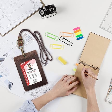 Boshiho Vertical Style Cowhide Leather ID Card Badge Holder with Heavy Duty Lanyard