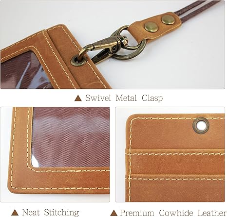 Office Badge Holder - Boshiho Genuine Leather Credit ID Card Holder with Neck Lanyard Pen Clip Vertical Style