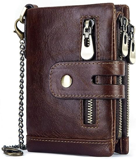 boshiho Real Leather RFID Blocking Bifold Wallets for Men Double Zipper Coin Pocket Purse with Anti-Theft Chain