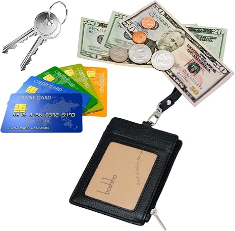 Badge Holder with Zipper - Boshiho Genuine Leather ID Badge Card Holder Wallet with 18.5" Neck Lanyard, 5 Card Slots Vertical Style