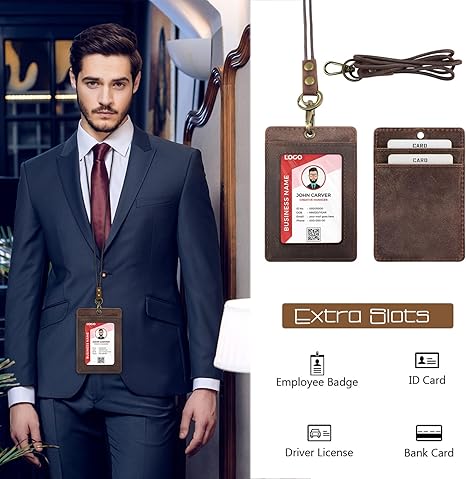 Boshiho Vertical Style Cowhide Leather ID Card Badge Holder with Heavy Duty Lanyard
