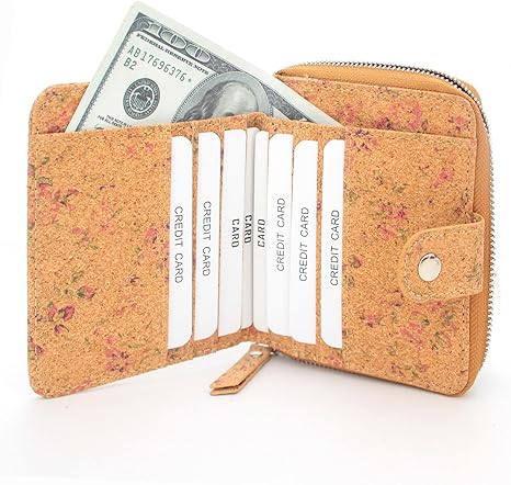 boshiho Vegan Cork Wallet, Women’s Purse Slim Zipper Design with Card Holder Coin Pocket Purse Eco-friendly Vegan Gift