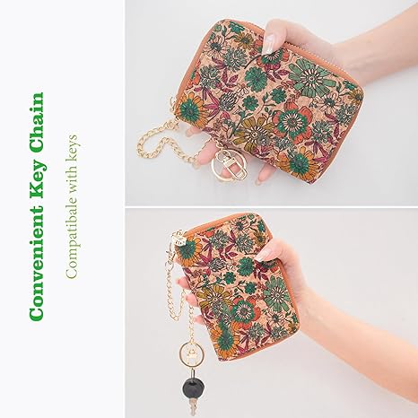 boshiho Vegan Cork Wallet with Keychain, Women’s Purse Slim Zipper Wallet with Card Holder Coin Pocket Eco-friendly Vegan Gift