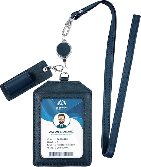Office Badge Holder - Boshiho Genuine Leather Credit ID Card Holder with Stretch Neck Lanyard Vertical Style
