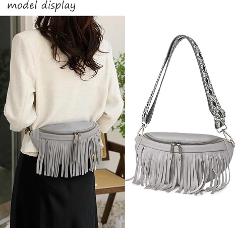 Fanny Packs for Women Fringe Purse Leather Chest Bag Waist Bag Casual Crossbody Bag with Zipper Pockets Travel Festival Sports Hiking Running