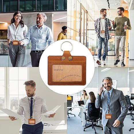 Badge Holder: Boshiho Cowhide Leather ID Badge Card Holder with 19" Neck Lanyard, Horizontal Style