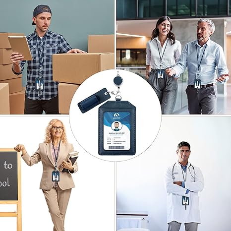 Office Badge Holder - Boshiho Genuine Leather Credit ID Card Holder with Stretch Neck Lanyard Vertical Style