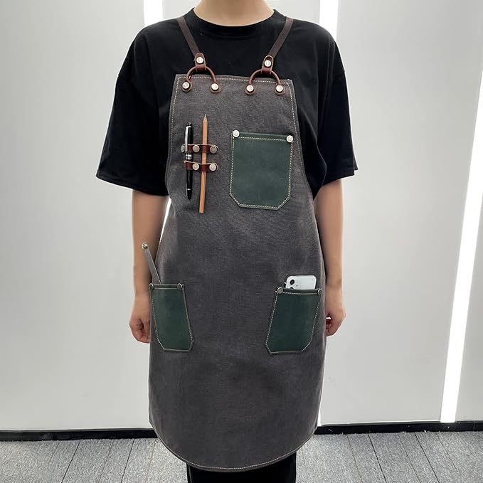 boshiho Waxed Canvas Shop Apron,Heavy Duty Work Apron for Men Women with 3 Pockets & Extra Long Straps,Adjustable M to XXL Tool Aprons for Men & Women