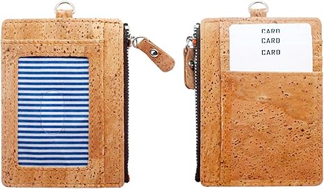 boshiho Natural Cork Credit Card Holder Coin Change Purse with Key Ring Keychain