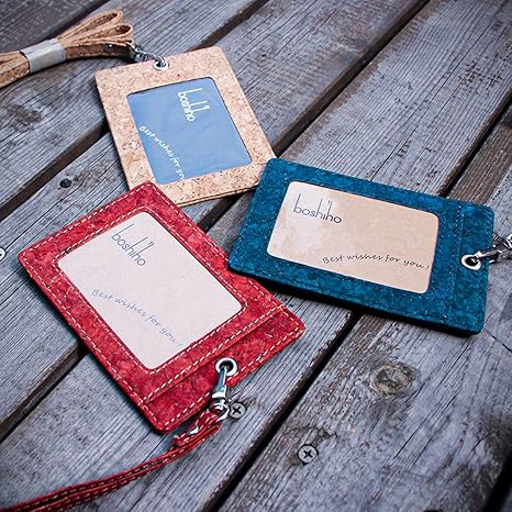 Cork Badge Holder, Boshiho Vertical Style Eco-friendly Natural Cork Name ID Card Holder with Lanyard