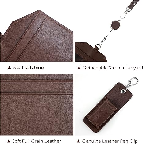 Office Badge Holder - Boshiho Genuine Leather Credit ID Card Holder with Stretch Neck Lanyard Vertical Style