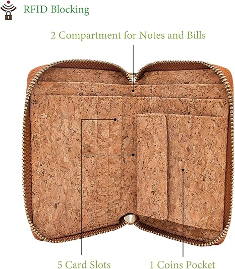 boshiho Vegan Cork Wallet with Keychain, Women’s Purse Slim Zipper Wallet with Card Holder Coin Pocket Eco-friendly Vegan Gift
