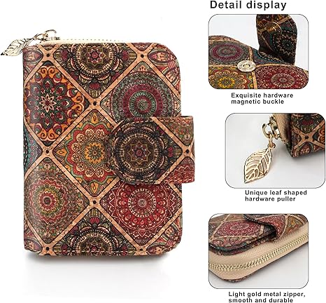 boshiho Vegan Cork Wallet, Women’s Purse Slim Zipper Design with Card Holder Coin Pocket Purse Eco-friendly Vegan Gift