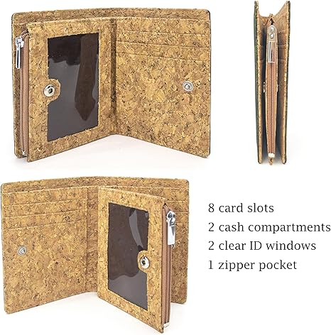 boshiho Eco Cork Friendly RFID Blocking Wallet Bi-fold Card Holder Vertical Wallet With Zippered Coin Purse & ID Window