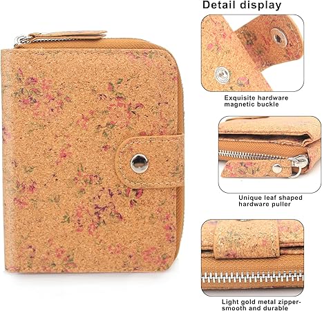 boshiho Vegan Cork Wallet, Women’s Purse Slim Zipper Design with Card Holder Coin Pocket Purse Eco-friendly Vegan Gift