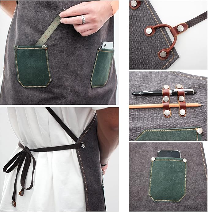 boshiho Waxed Canvas Shop Apron,Heavy Duty Work Apron for Men Women with 3 Pockets & Extra Long Straps,Adjustable M to XXL Tool Aprons for Men & Women
