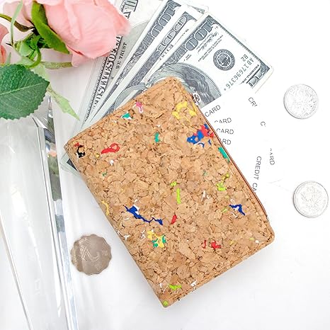 boshiho Eco Cork Friendly RFID Blocking Wallet Bi-fold Card Holder Vertical Wallet With Zippered Coin Purse & ID Window