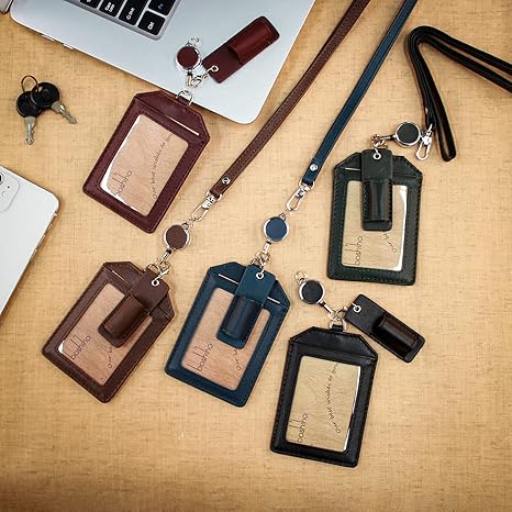 Office Badge Holder - Boshiho Genuine Leather Credit ID Card Holder with Stretch Neck Lanyard Vertical Style
