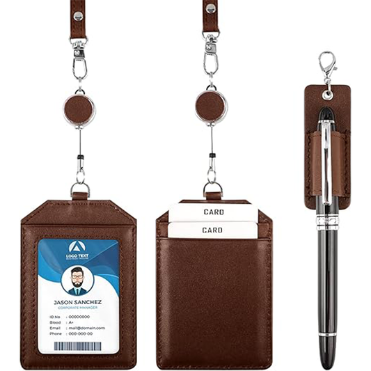 Office Badge Holder - Boshiho Genuine Leather Credit ID Card Holder with Stretch Neck Lanyard Vertical Style