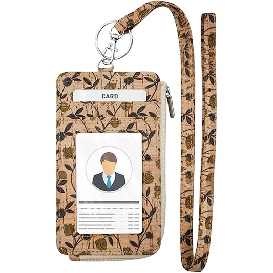 Badge Holder with Zipper - Boshiho Natural Cork ID Badge Card Holder Wallet with 18" Neck Lanyard, 5 Card Slots Vertical Style