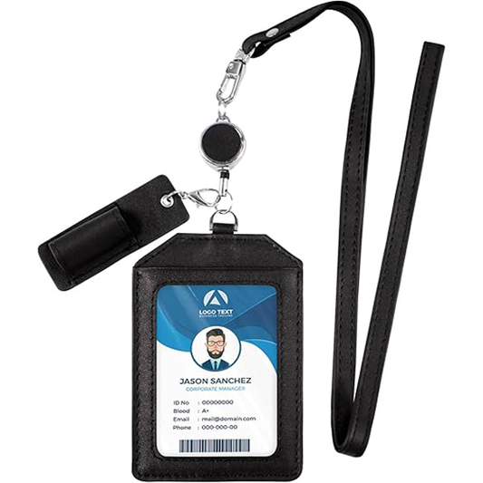 Office Badge Holder - Boshiho Genuine Leather Credit ID Card Holder with Stretch Neck Lanyard Vertical Style