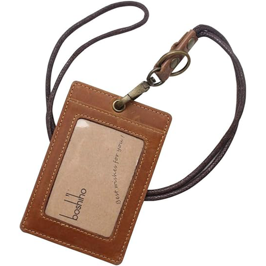 Boshiho Vertical Style Cowhide Leather ID Card Badge Holder with Heavy Duty Lanyard