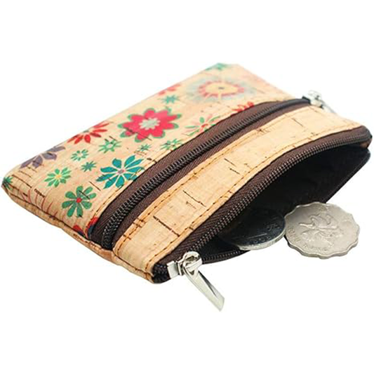 Eco-friendly Natural Cork Coin Purse, Boshiho Mini Coin Change Wallet Credit Card Holder Zipper Pouch Vegan Wallet with Key Ring Keychain