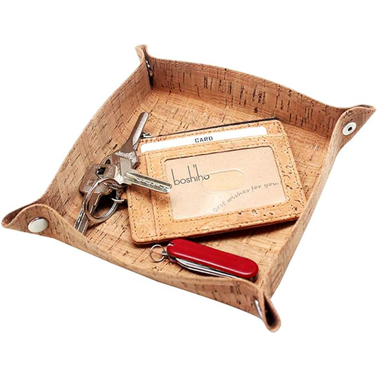 Boshiho Valet Tray for Men, Natural Cork Jewelry Catchall Key Phone Coin Box Change Caddy Bedside Storage Box