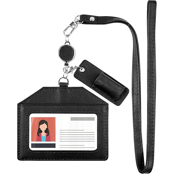 Office Badge Holder - Boshiho Genuine Leather Credit ID Card Holder with Stretch Neck Lanyard Horizontal Style