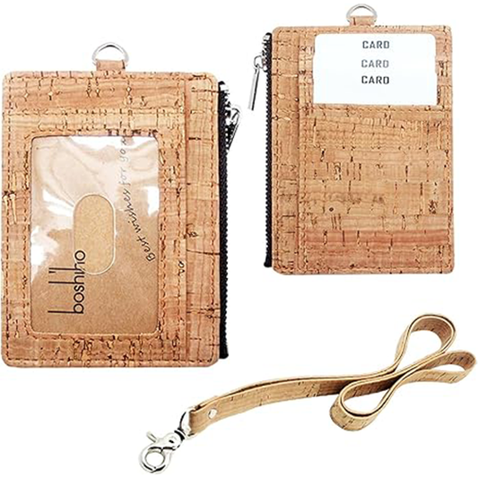 Cork Badge Holder with Zipper, Eco-Friendly Cork ID Credit Card Holder Wallet with Neck Lanyard Strap for Offices ID, School ID, Driver Licence