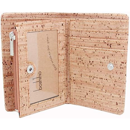 boshiho Eco Cork Friendly RFID Blocking Wallet Bi-fold Card Holder Vertical Wallet With Zippered Coin Purse & ID Window
