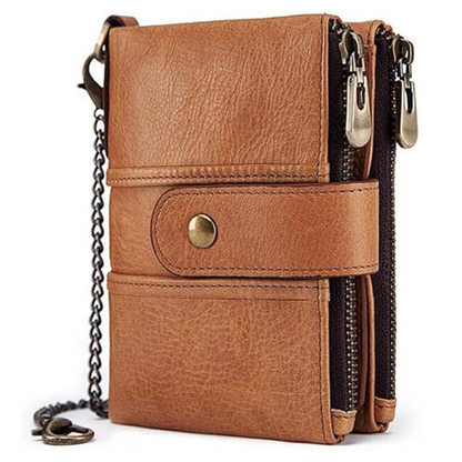 boshiho Real Leather RFID Blocking Bifold Wallets for Men Double Zipper Coin Pocket Purse with Anti-Theft Chain