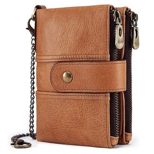 boshiho Real Leather RFID Blocking Bifold Wallets for Men Double Zipper Coin Pocket Purse with Anti-Theft Chain